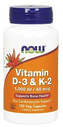 NOW® Foods NOW Vitamín D3 & K2, 1000 IU / 45 ug, 120 rastlinných kapsúl